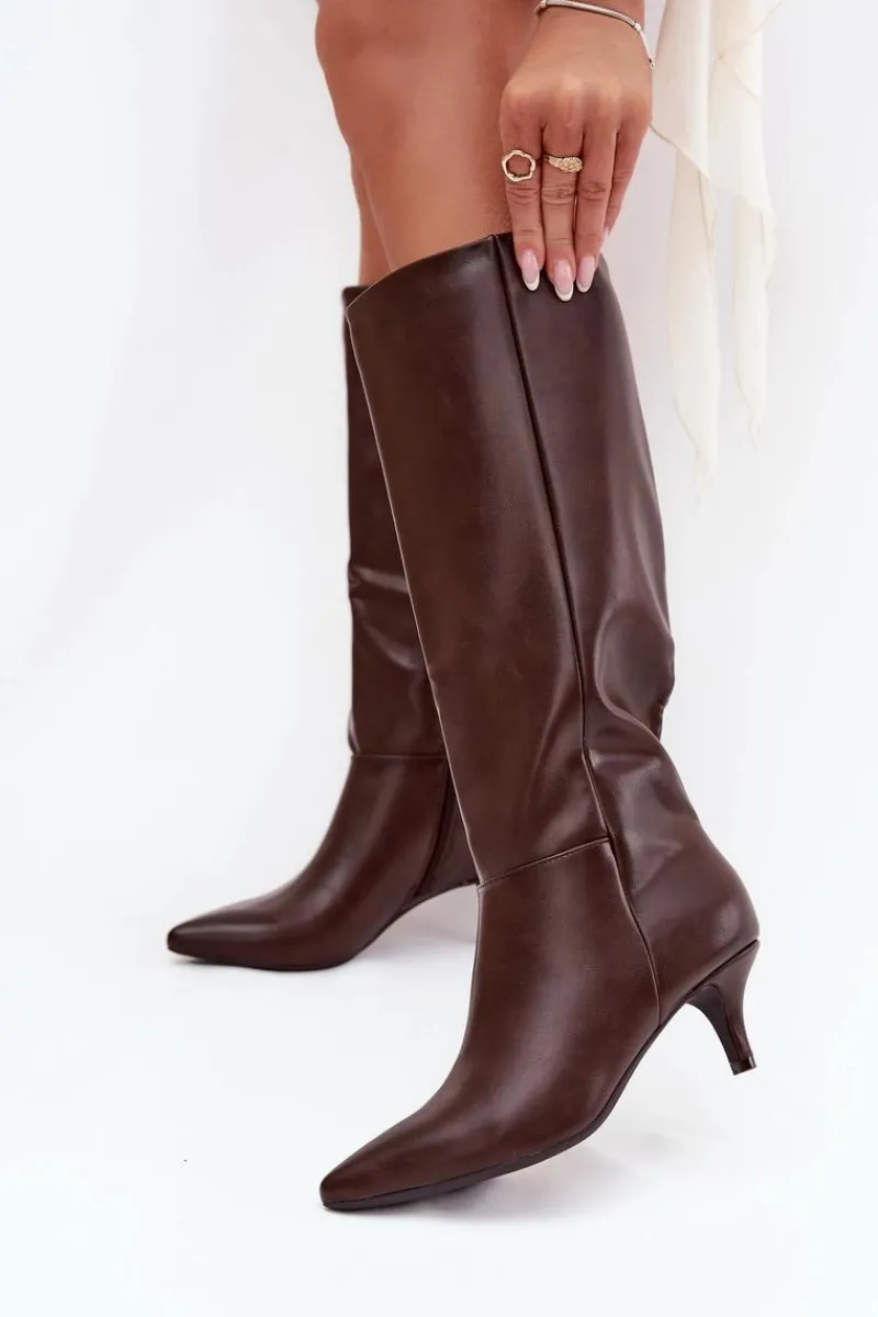 Online Boto Kozaki Damskie Na Niskiej Szpilce Ocieplane Z Eko Skóry Czekoladowe Marcellia