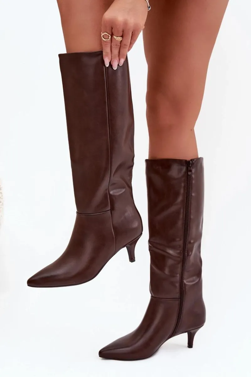 Online Boto Kozaki Damskie Na Niskiej Szpilce Ocieplane Z Eko Skóry Czekoladowe Marcellia