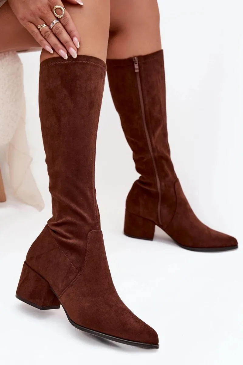 New Buty Sergio Leone Kozaki Damskie Na Niskim Obcasie Eko Zamszowe Sergio Leone KZ212 Brązowe