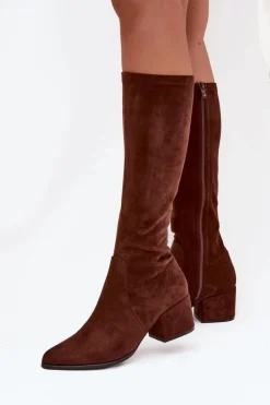 New Buty Sergio Leone Kozaki Damskie Na Niskim Obcasie Eko Zamszowe Sergio Leone KZ212 Brązowe