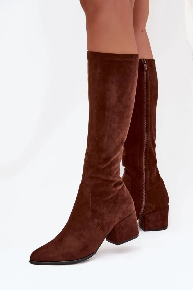 New Buty Sergio Leone Kozaki Damskie Na Niskim Obcasie Eko Zamszowe Sergio Leone KZ212 Brązowe