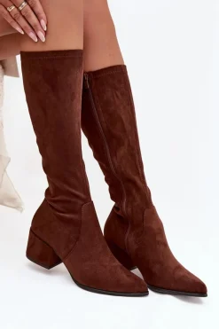 New Buty Sergio Leone Kozaki Damskie Na Niskim Obcasie Eko Zamszowe Sergio Leone KZ212 Brązowe