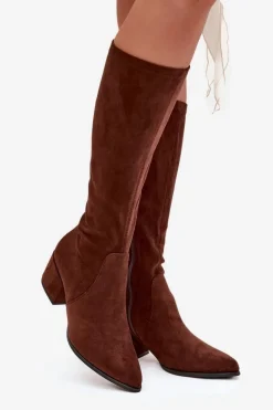 New Buty Sergio Leone Kozaki Damskie Na Niskim Obcasie Eko Zamszowe Sergio Leone KZ212 Brązowe