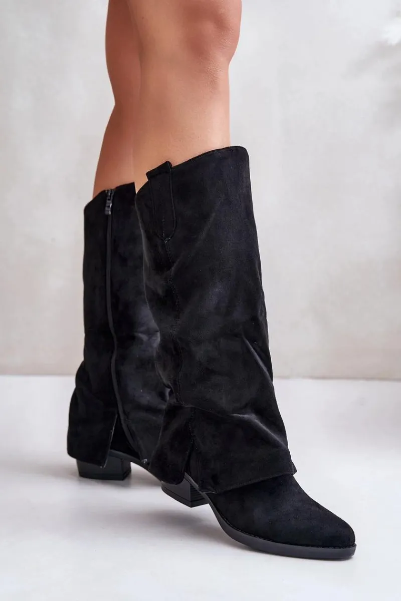 Online Boto Kozaki Damskie Na Niskim Obcasie Z Wywiniętą Cholewką Czarne Stinova Czarny