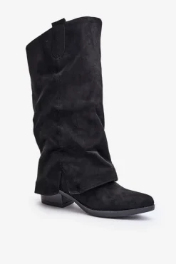 Online Boto Kozaki Damskie Na Niskim Obcasie Z Wywiniętą Cholewką Czarne Stinova Czarny