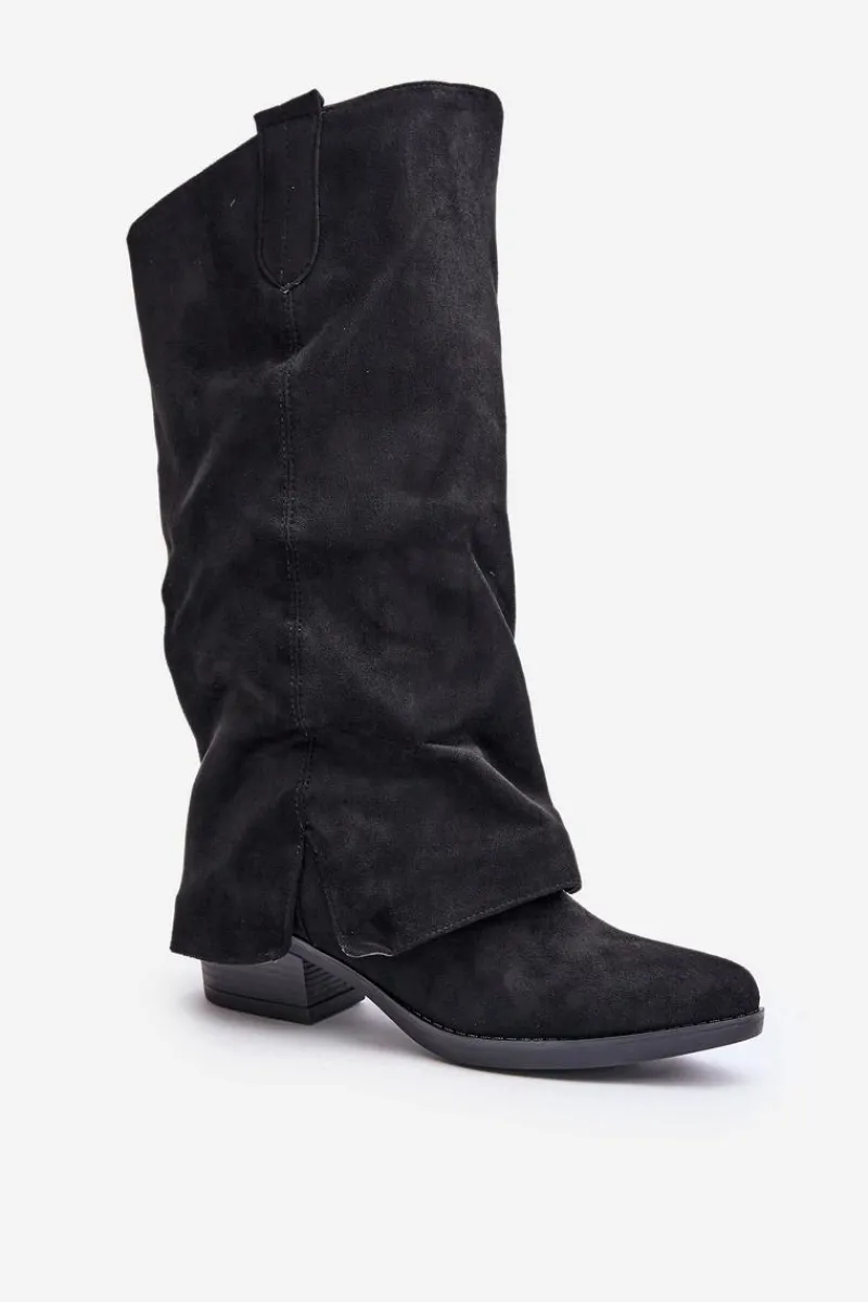 Online Boto Kozaki Damskie Na Niskim Obcasie Z Wywiniętą Cholewką Czarne Stinova Czarny