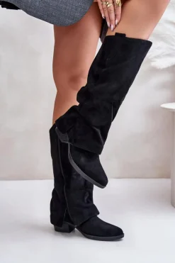 Online Boto Kozaki Damskie Na Niskim Obcasie Z Wywiniętą Cholewką Czarne Stinova Czarny