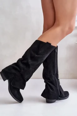 Online Boto Kozaki Damskie Na Niskim Obcasie Z Wywiniętą Cholewką Czarne Stinova Czarny