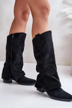 Online Boto Kozaki Damskie Na Niskim Obcasie Z Wywiniętą Cholewką Czarne Stinova Czarny