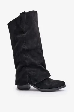 Online Boto Kozaki Damskie Na Niskim Obcasie Z Wywiniętą Cholewką Czarne Stinova Czarny