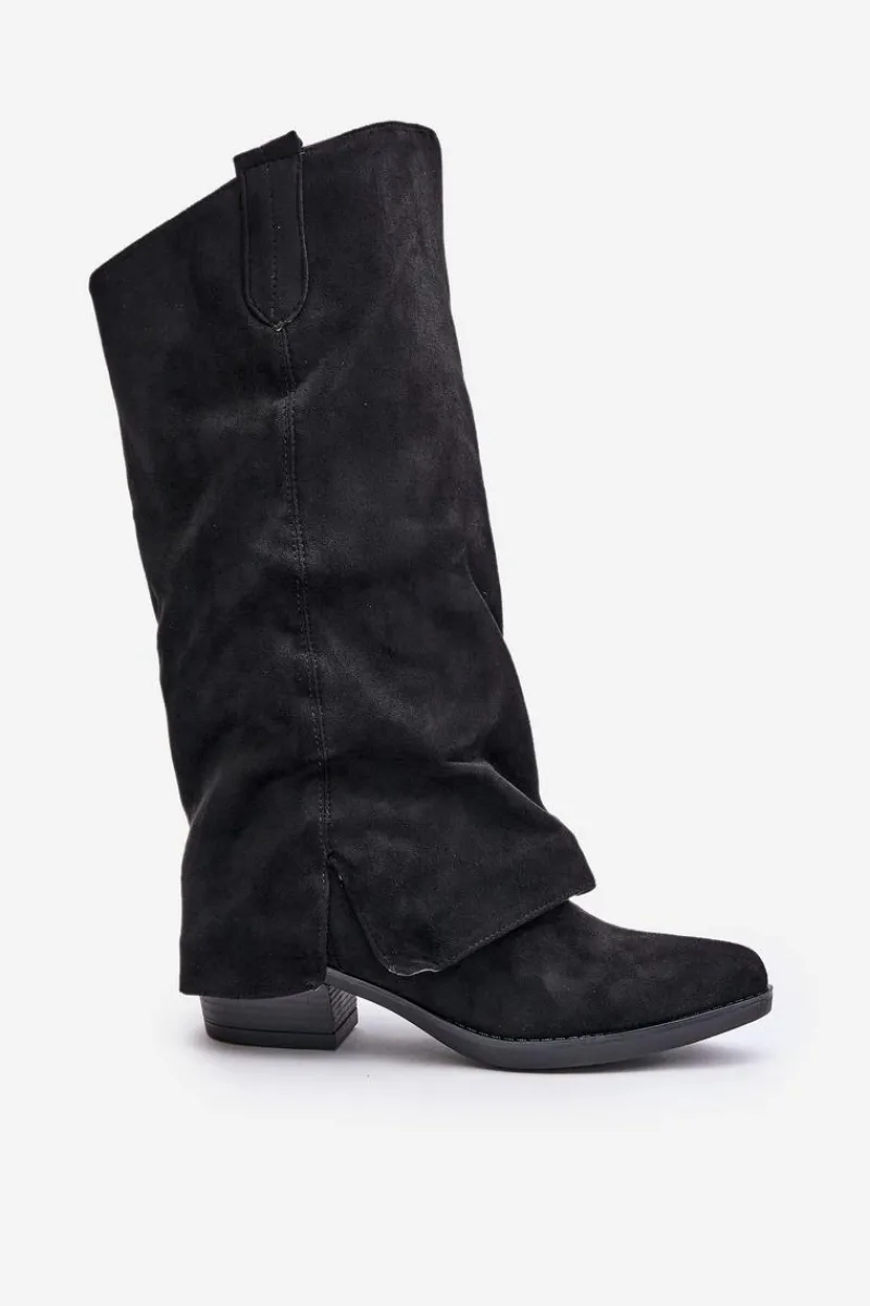 Online Boto Kozaki Damskie Na Niskim Obcasie Z Wywiniętą Cholewką Czarne Stinova Czarny