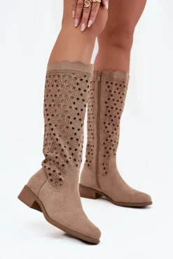 Hot Boto Kozaki Damskie Na Niskim Obcasie Z Ażurowym Wzorem Beżowe Marcelline