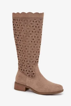 Hot Boto Kozaki Damskie Na Niskim Obcasie Z Ażurowym Wzorem Beżowe Marcelline