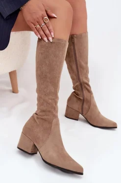 Clearance Kozaki Damskie Na Niskim Obcasie Eko Zamszowe Sergio Leone KZ212 Beżowe Damskie Kozaki Ocieplane|Kozaki Przed Kolano