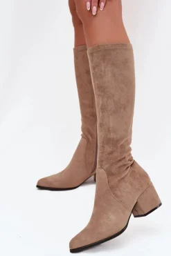 Clearance Kozaki Damskie Na Niskim Obcasie Eko Zamszowe Sergio Leone KZ212 Beżowe Damskie Kozaki Ocieplane|Kozaki Przed Kolano