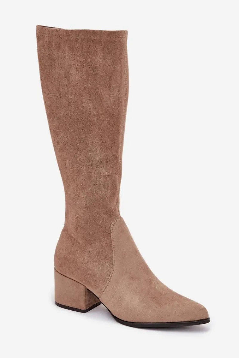 Clearance Kozaki Damskie Na Niskim Obcasie Eko Zamszowe Sergio Leone KZ212 Beżowe Damskie Kozaki Ocieplane|Kozaki Przed Kolano