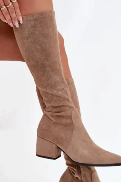 Clearance Kozaki Damskie Na Niskim Obcasie Eko Zamszowe Sergio Leone KZ212 Beżowe Damskie Kozaki Ocieplane|Kozaki Przed Kolano