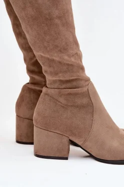 Clearance Kozaki Damskie Na Niskim Obcasie Eko Zamszowe Sergio Leone KZ212 Beżowe Damskie Kozaki Ocieplane|Kozaki Przed Kolano