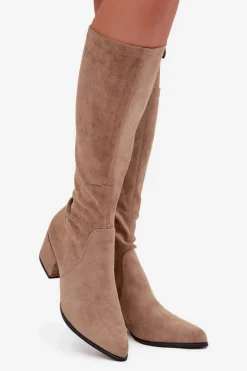 Clearance Kozaki Damskie Na Niskim Obcasie Eko Zamszowe Sergio Leone KZ212 Beżowe Damskie Kozaki Ocieplane|Kozaki Przed Kolano