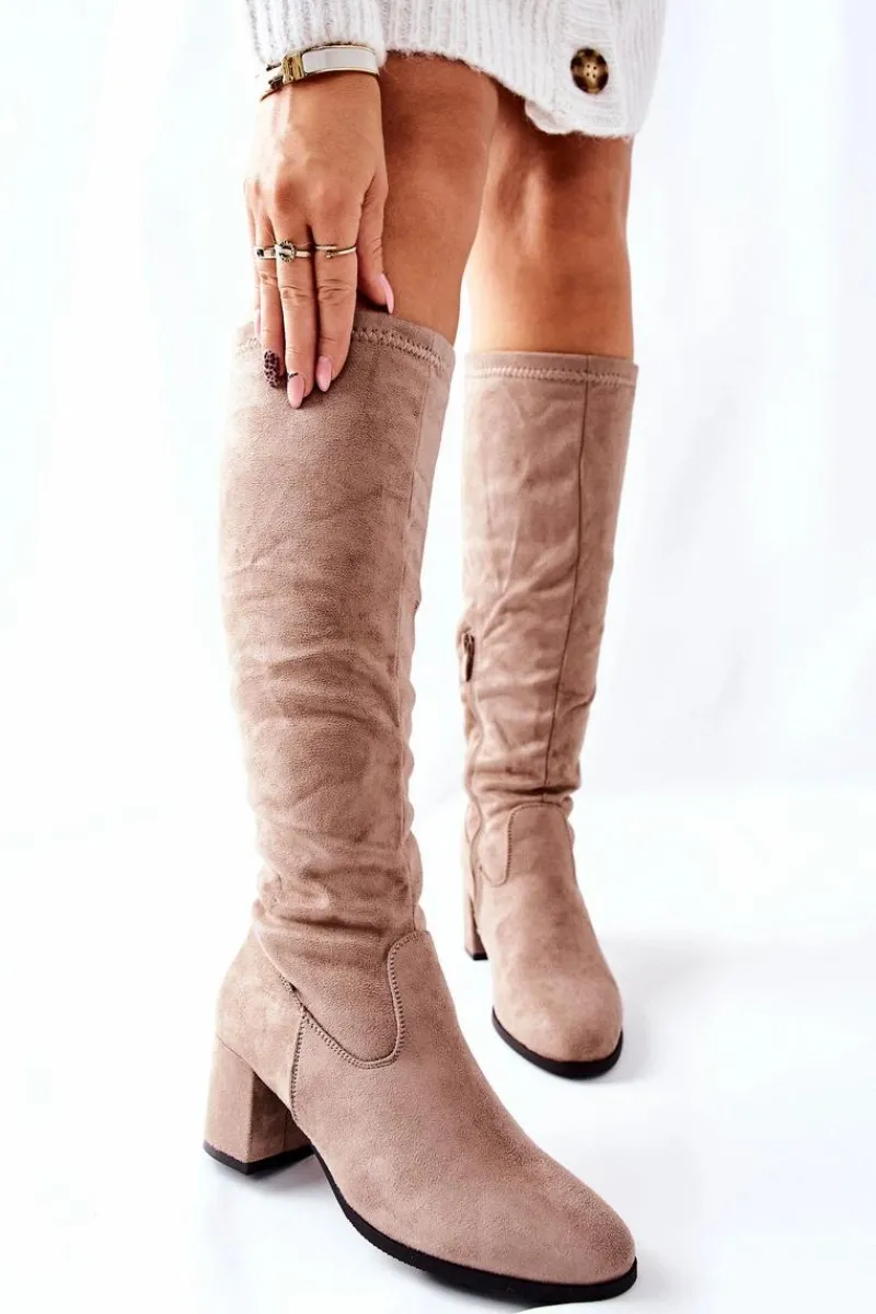 Best Kozaki Damskie Na Obcasie Zamszowe Beżowe Newferry Damskie Kozaki Wiosenne|Kozaki Na Obcasie