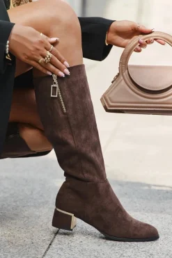 Boto Kozaki Damskie Na Obcasie Z Eko Zamszu Brązowe Lyvienne