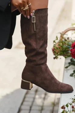 Boto Kozaki Damskie Na Obcasie Z Eko Zamszu Brązowe Lyvienne