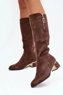 Boto Kozaki Damskie Na Obcasie Z Eko Zamszu Brązowe Lyvienne