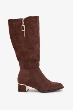 Boto Kozaki Damskie Na Obcasie Z Eko Zamszu Brązowe Lyvienne