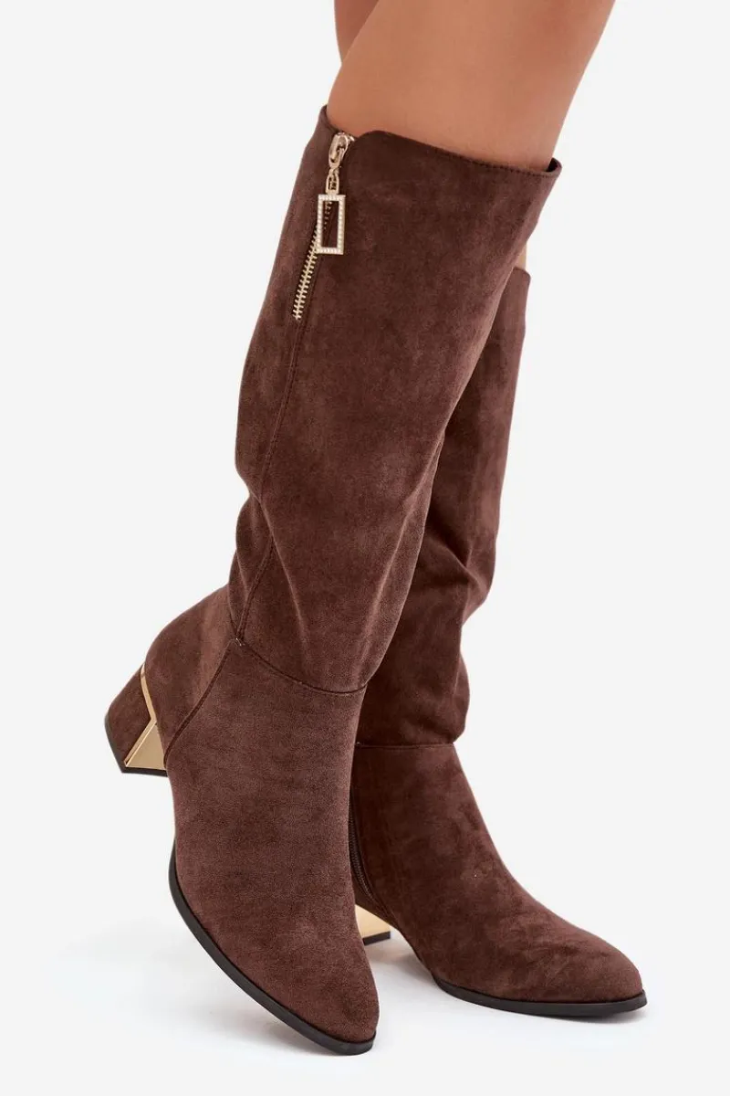 Boto Kozaki Damskie Na Obcasie Z Eko Zamszu Brązowe Lyvienne