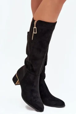 Sale Kozaki Damskie Na Obcasie Z Eko Zamszu Czarne Lyvienne Damskie Kozaki Ocieplane|Kozaki Przed Kolano