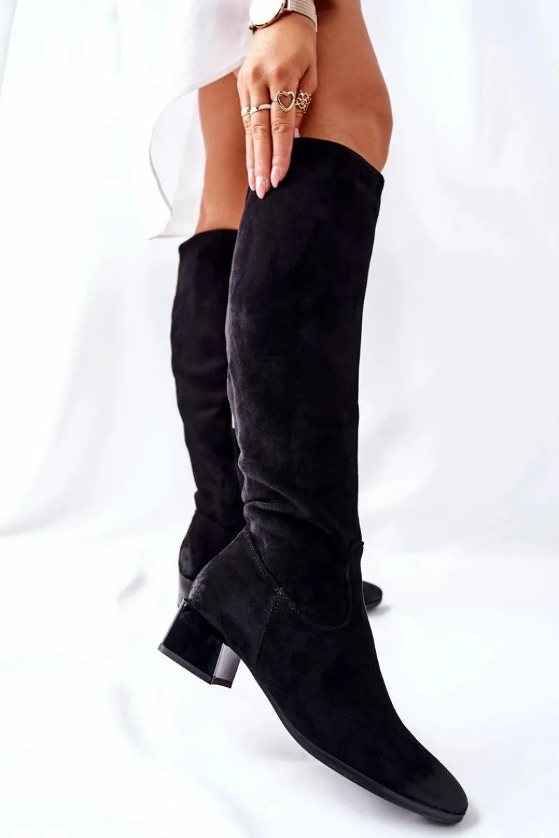 Outlet Buty damskie Vinceza Kozaki Damskie Na Obcasie Zamszowe Czarne Bolea