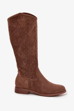 Kozaki Damskie Na Płaskim Obcasie Z Ażurowym Wzorem S.Barski HY52-531 Brązowe Damskie Kozaki Ażurowe|Kozaki Płaskie