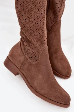 Kozaki Damskie Na Płaskim Obcasie Z Ażurowym Wzorem S.Barski HY52-531 Brązowe Damskie Kozaki Ażurowe|Kozaki Płaskie