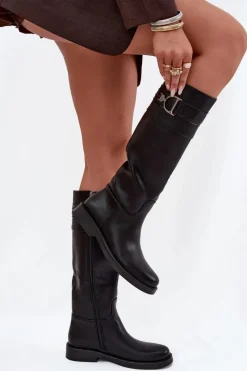 Kozaki Ocieplane|Kozaki Płaskie>Boto Kozaki Damskie Na Płaskim Obcasie Z Ozdobnym Detalem Czarne Arvessa Czarny