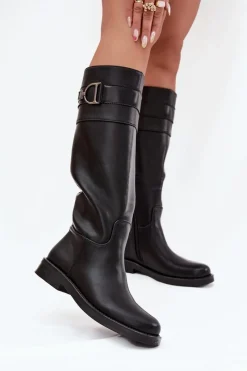 Kozaki Ocieplane|Kozaki Płaskie>Boto Kozaki Damskie Na Płaskim Obcasie Z Ozdobnym Detalem Czarne Arvessa Czarny