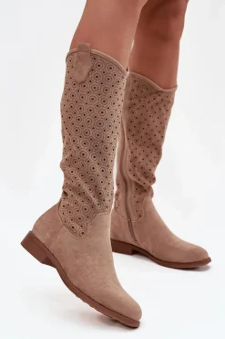 Kozaki Ażurowe|Kozaki Płaskie>Damskie buty S.Barski Kozaki Damskie Na Płaskim Obcasie Z Ażurowym Wzorem S.Barski HY52-531 Beżowe Beżowy