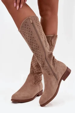 Kozaki Ażurowe|Kozaki Płaskie>Damskie buty S.Barski Kozaki Damskie Na Płaskim Obcasie Z Ażurowym Wzorem S.Barski HY52-531 Beżowe Beżowy