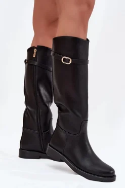 Online Boto Kozaki Damskie Na Płaskim Obcasie Z Paskiem I Złotą Klamrą Czarne Sylvena