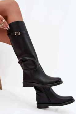 Online Boto Kozaki Damskie Na Płaskim Obcasie Z Paskiem I Złotą Klamrą Czarne Sylvena