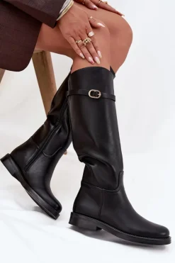 Online Boto Kozaki Damskie Na Płaskim Obcasie Z Paskiem I Złotą Klamrą Czarne Sylvena