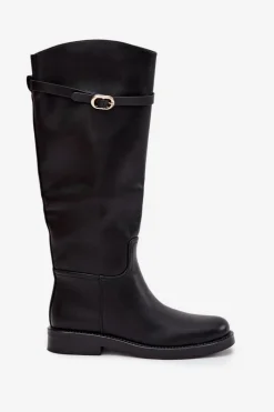 Online Boto Kozaki Damskie Na Płaskim Obcasie Z Paskiem I Złotą Klamrą Czarne Sylvena