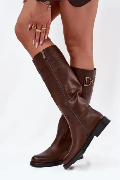 Online Boto Kozaki Damskie Na Płaskim Obcasie Z Ozdobnym Detalem Brązowe Arvessa