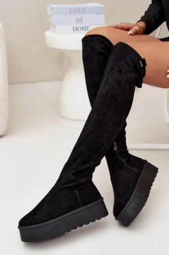 Kozaki Damskie Na Platformie Za Kolano Big Star SS274264 Czarne Damskie Kozaki Ocieplane|Muszkieterki