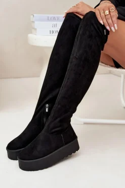 Kozaki Damskie Na Platformie Za Kolano Big Star SS274264 Czarne Damskie Kozaki Ocieplane|Muszkieterki