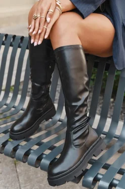 Sale Boto Kozaki Damskie Na Platformie Z Eko Skóry Czarne Marivelle