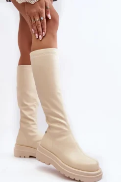 Online Kozaki Damskie Na Platformie Z Suwakiem MM2N4067 Jasnobeżowe Damskie Kozaki Płaskie|Kozaki Przed Kolano