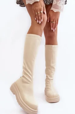 Online Kozaki Damskie Na Platformie Z Suwakiem MM2N4067 Jasnobeżowe Damskie Kozaki Płaskie|Kozaki Przed Kolano