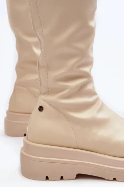 Online Kozaki Damskie Na Platformie Z Suwakiem MM2N4067 Jasnobeżowe Damskie Kozaki Płaskie|Kozaki Przed Kolano