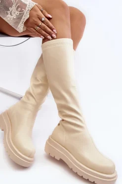 Online Kozaki Damskie Na Platformie Z Suwakiem MM2N4067 Jasnobeżowe Damskie Kozaki Płaskie|Kozaki Przed Kolano