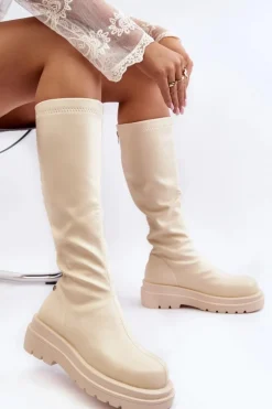 Online Kozaki Damskie Na Platformie Z Suwakiem MM2N4067 Jasnobeżowe Damskie Kozaki Płaskie|Kozaki Przed Kolano